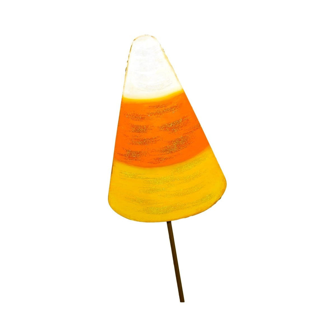 Glittered candy corn stake decoration in orange, yellow, and white with silver glitter finish.
