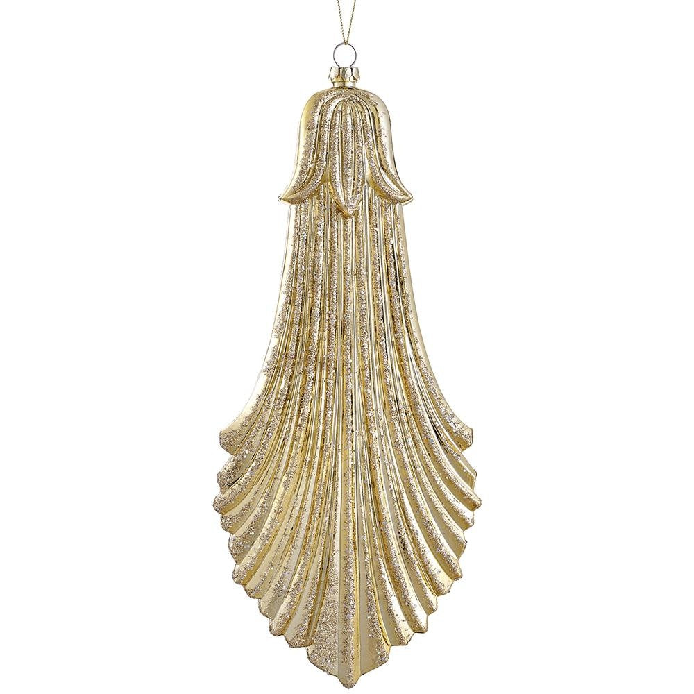Gold glittered plastic lily ornament with a realistic flower silhouette.