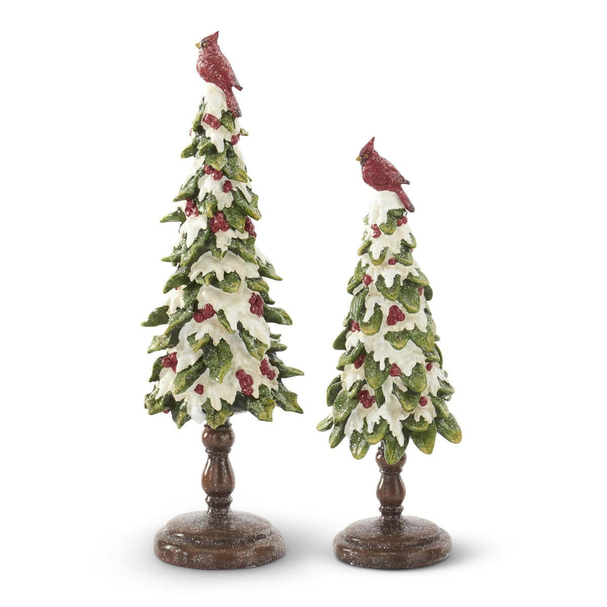 Resin holly tree ornament with glittered finish and snow-covered branches