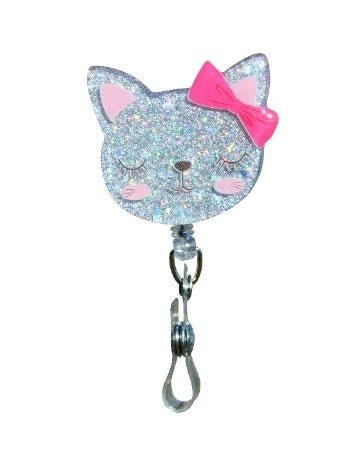 Glitterific badge reel featuring a black alligator clip with a glitter resin kitty cat silhouette.