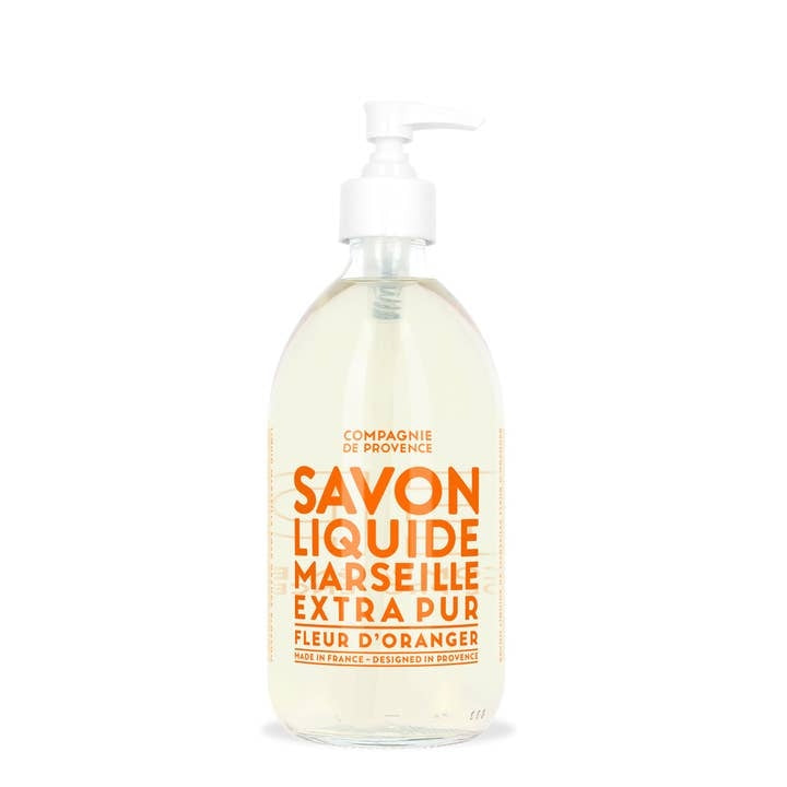 Liquid Marseille Soap Orange Blossom in a 16.7 fl oz glass pump bottle by Compagnie de Provence.