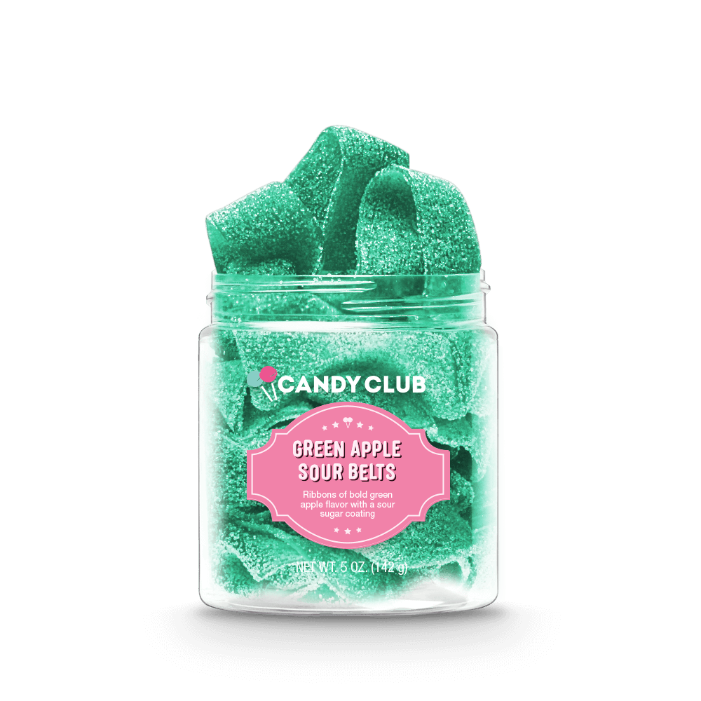 Packaged Sour Belts candies featuring tart cherry-flavored ribbons in a square box.