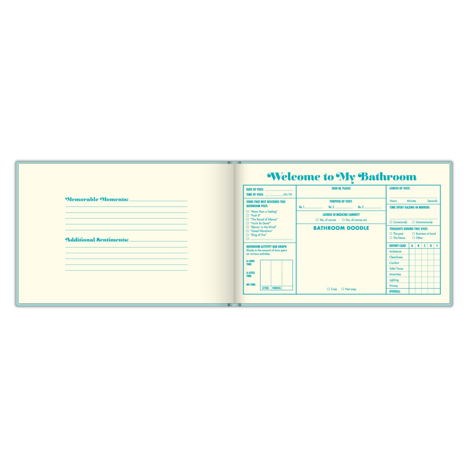 Padded hardcover bathroom guest book with foil stamping on cover.