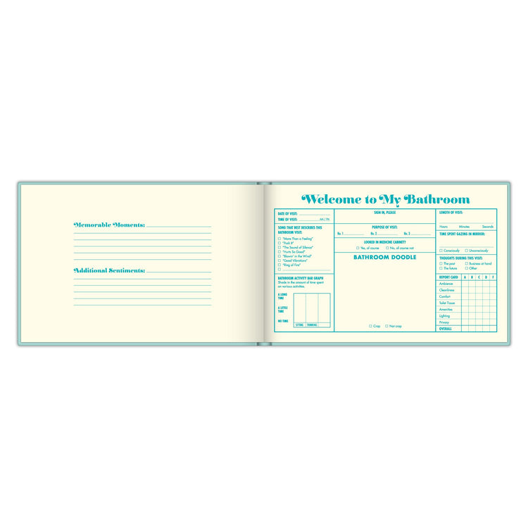 Padded hardcover bathroom guest book with foil stamping on cover.