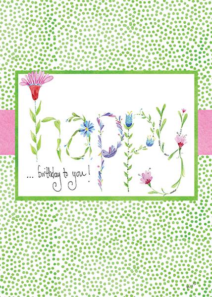 Greeting card with 'happy' spelled in floral illustrations and '... birthday to you!' in script.