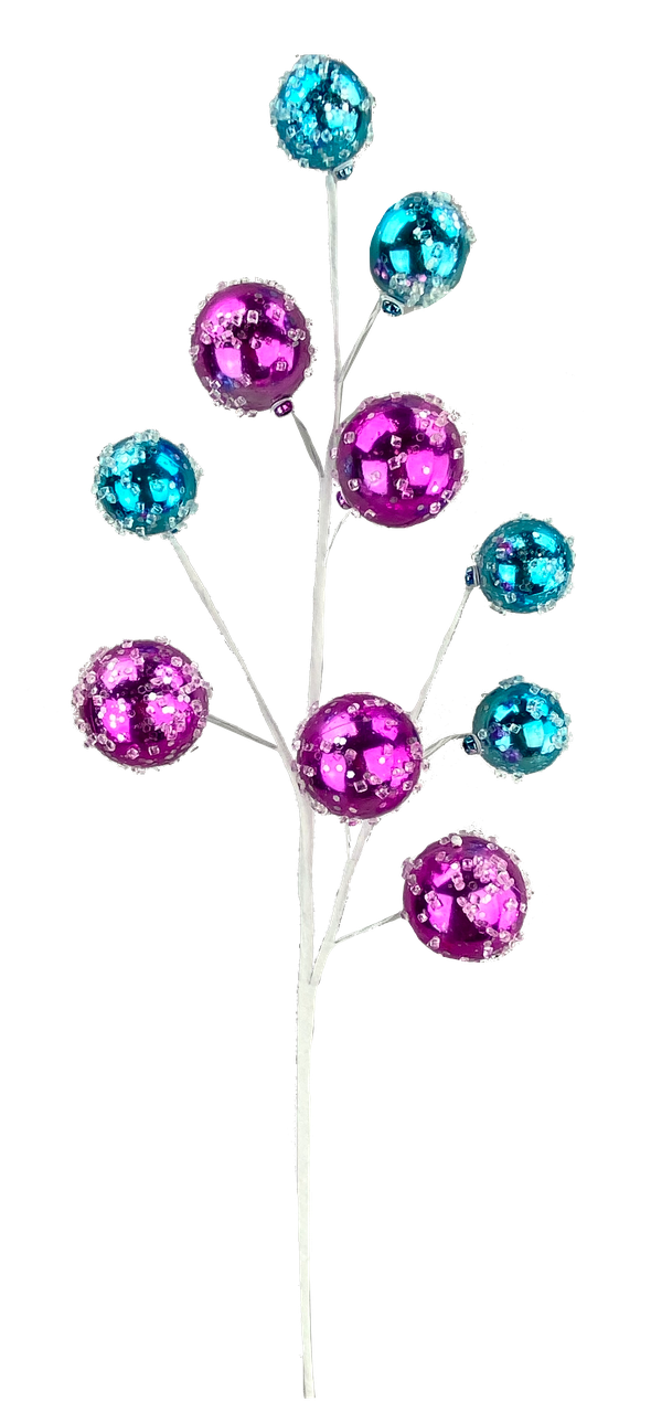26-inch Orn Ball Spray with glittery purple and teal ornaments on a white stem.