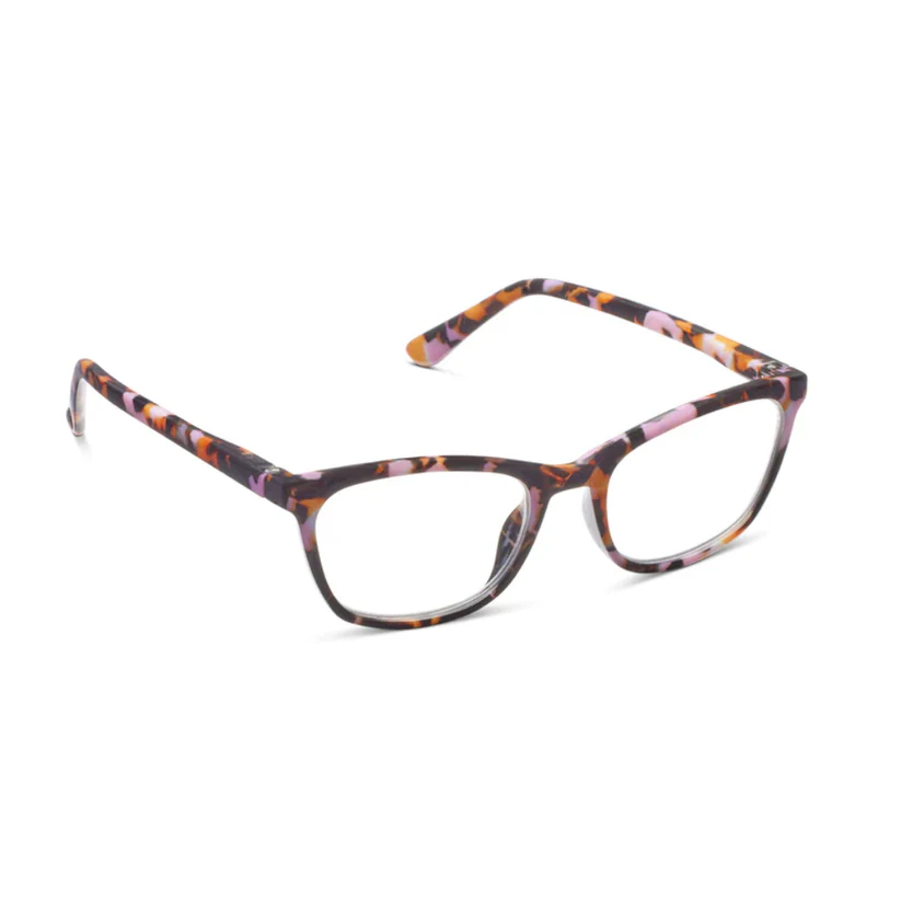 Gloria eyeglasses in pink botanico with shiny rectangular frame featuring blue light focus lenses.