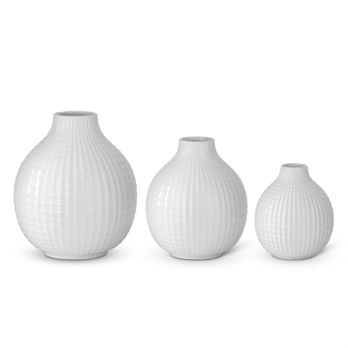 Glossy white ceramic grid vase with a modern geometric pattern