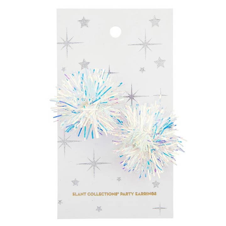 Slant Collections iridescent white tinsel pom pom party earrings on a star-patterned card.