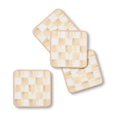 Set of four mocha checkered MDF coasters with cork backing.