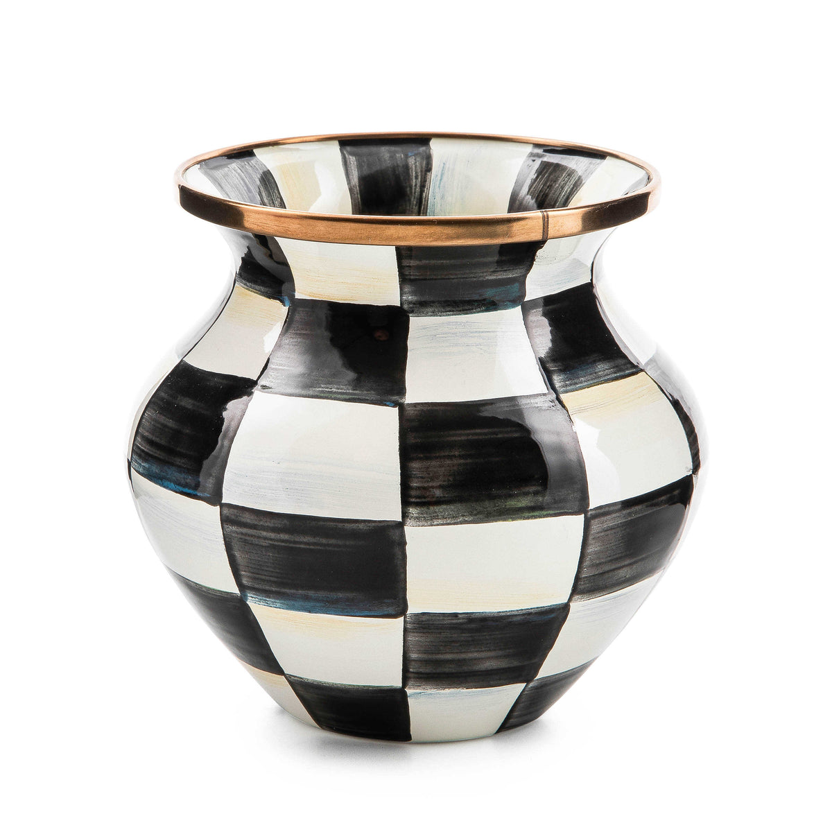 Hand-painted black and white checkered enamel vase with a bronzed stainless steel rim.