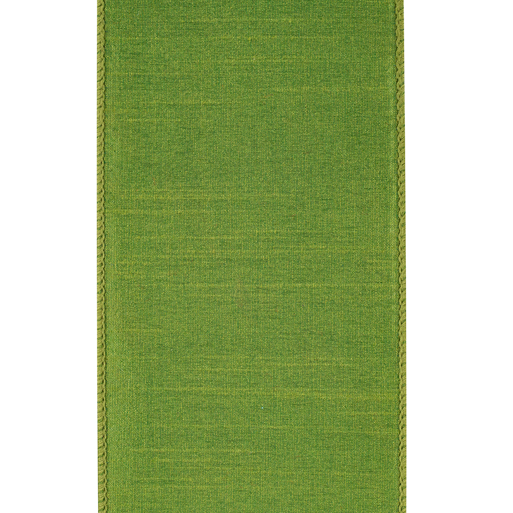 Sage green diagonal fused dupioni ribbon with wired edges and a textured finish.