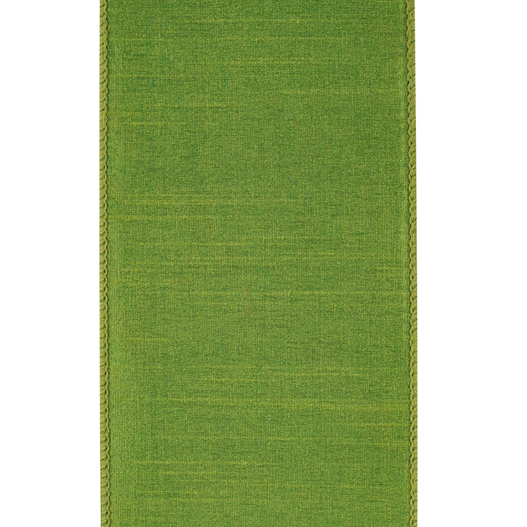 Sage green diagonal fused dupioni ribbon with wired edges and a textured finish.