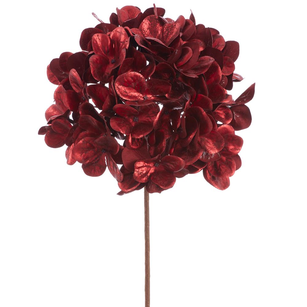 16-inch burgundy hydrangea pick with full, lifelike polyester blooms on a single brown stem.