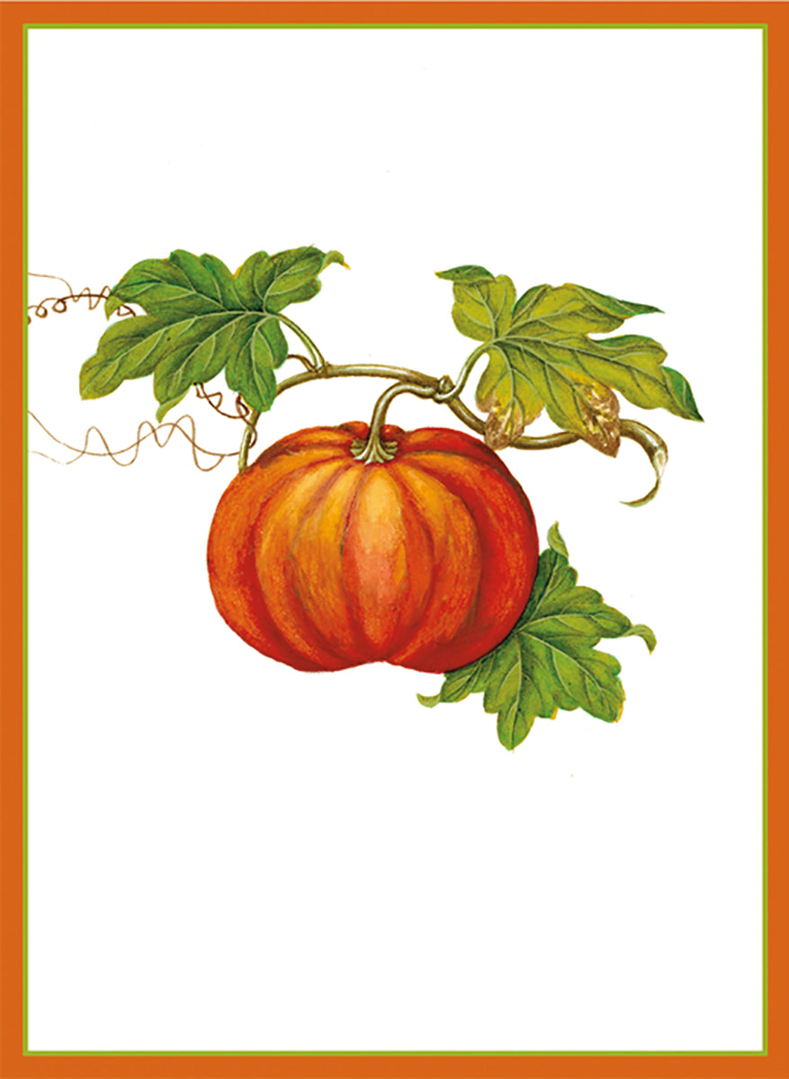 Die-cut place card featuring a vintage-style orange pumpkin with green leaves and vines.