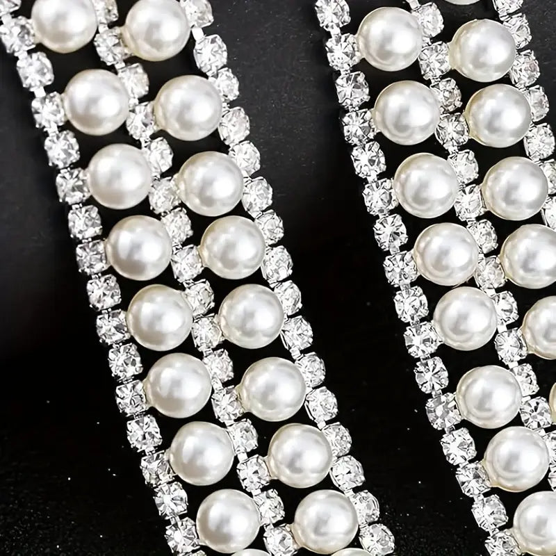 White pearl beaded trim with crystal rhinestones applique chain