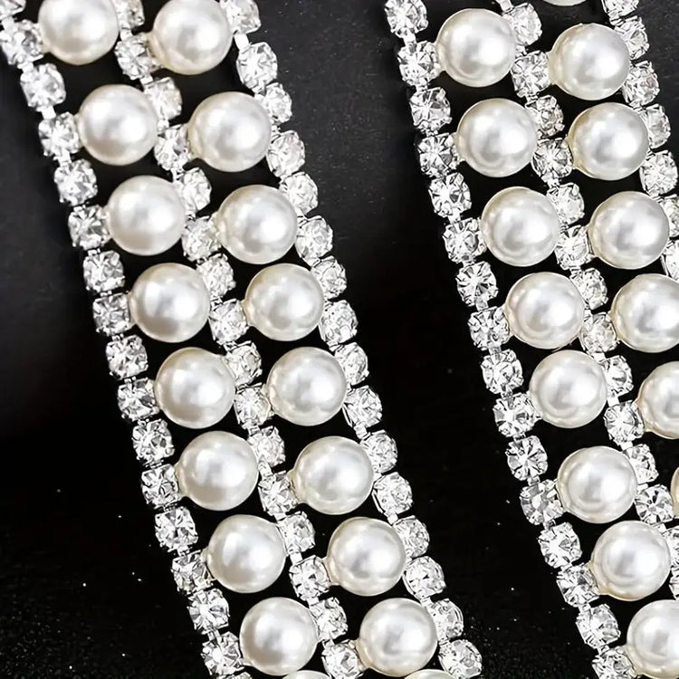 White pearl beaded trim with crystal rhinestones applique chain