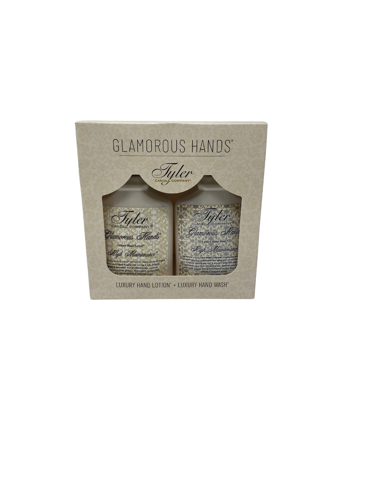 Tyler Candle Company Glamorous Hands gift set in High Maintenance with hand lotion and hand wash.