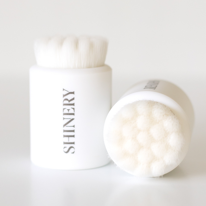 Two white cylindrical Radiance Brushes with soft white bristles and the SHINERY logo.