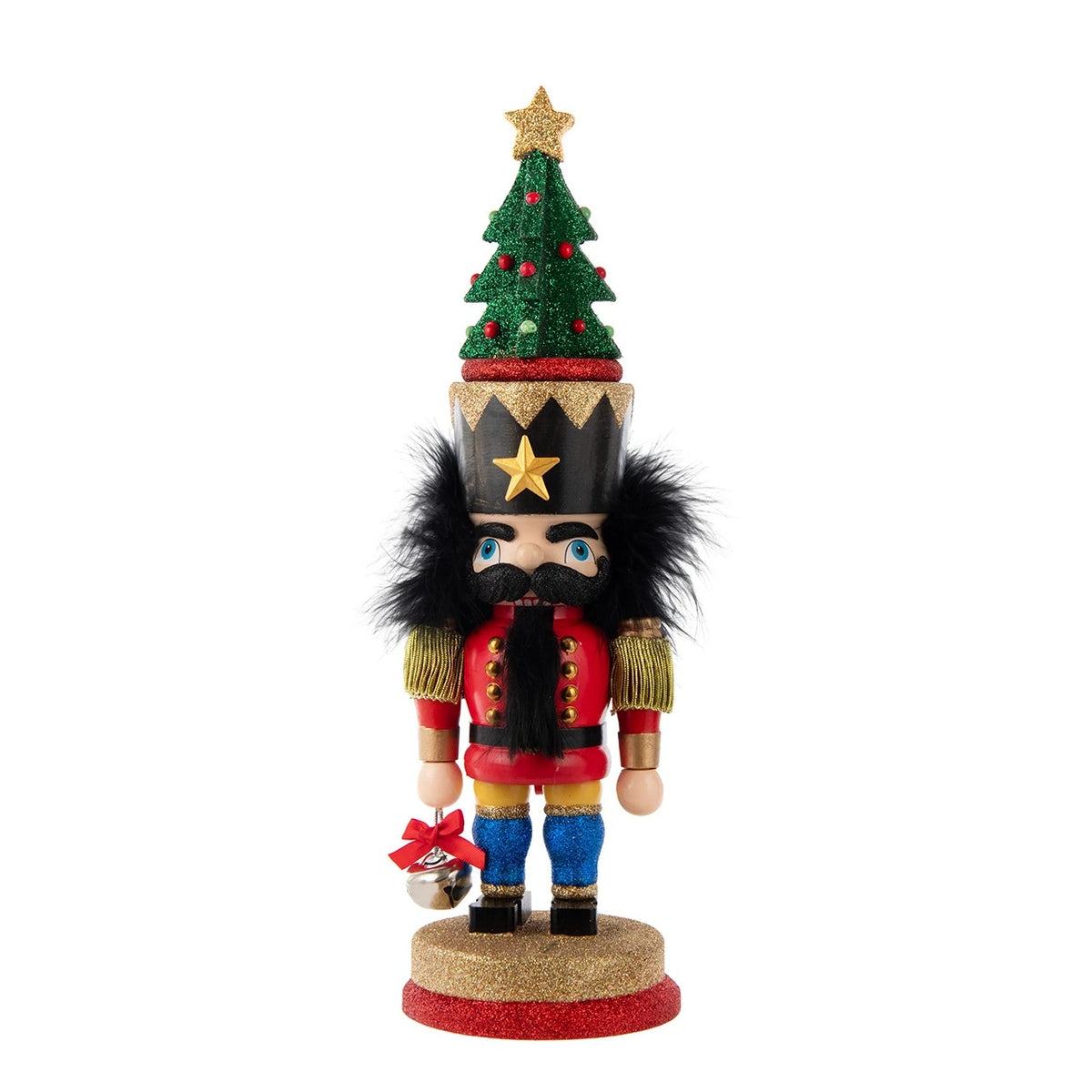 15.7" Hollywood Nutcracker in red uniform with a glittery Christmas tree hat and a silver bell.