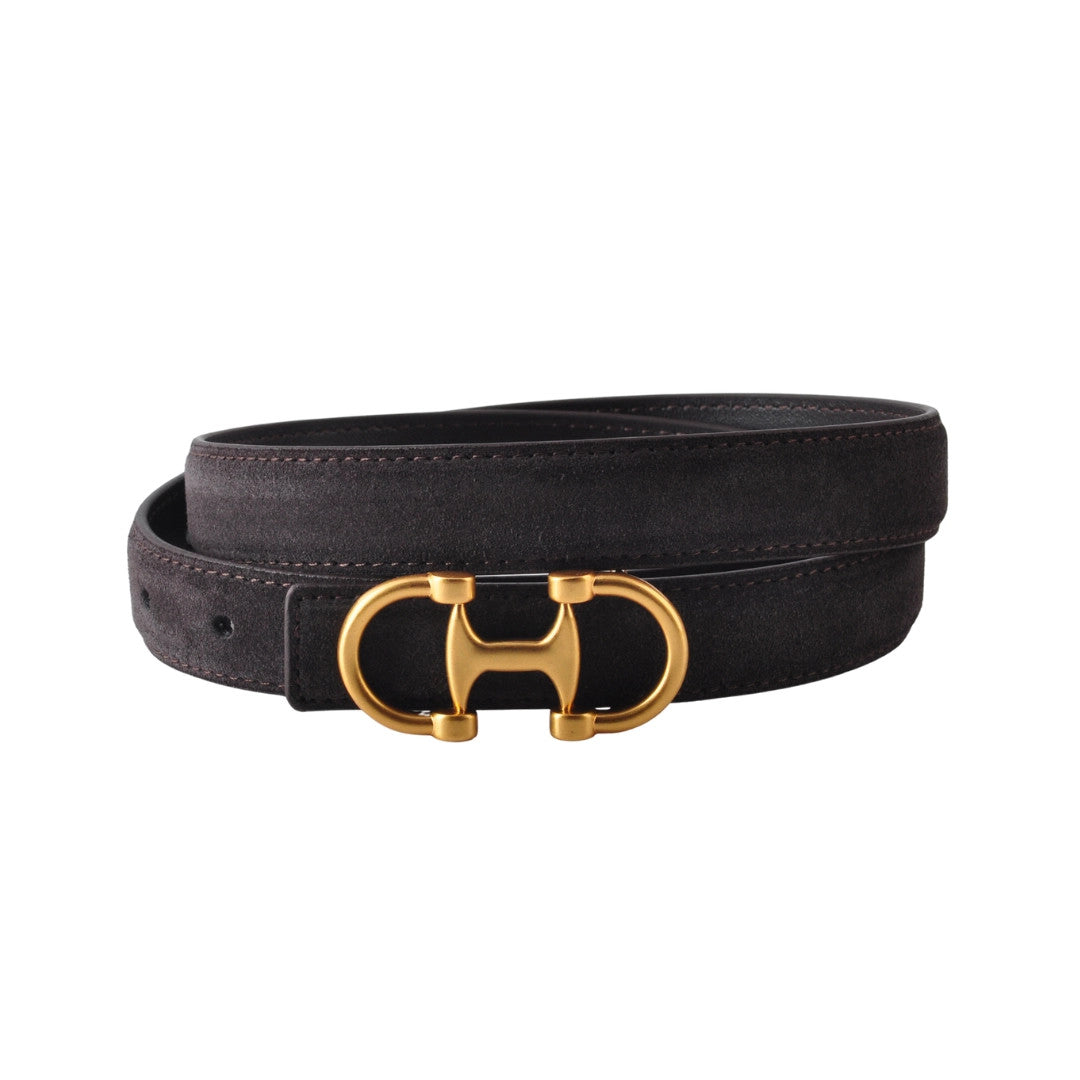 Dark grey suede belt with a gold horsebit buckle and contrast stitching.