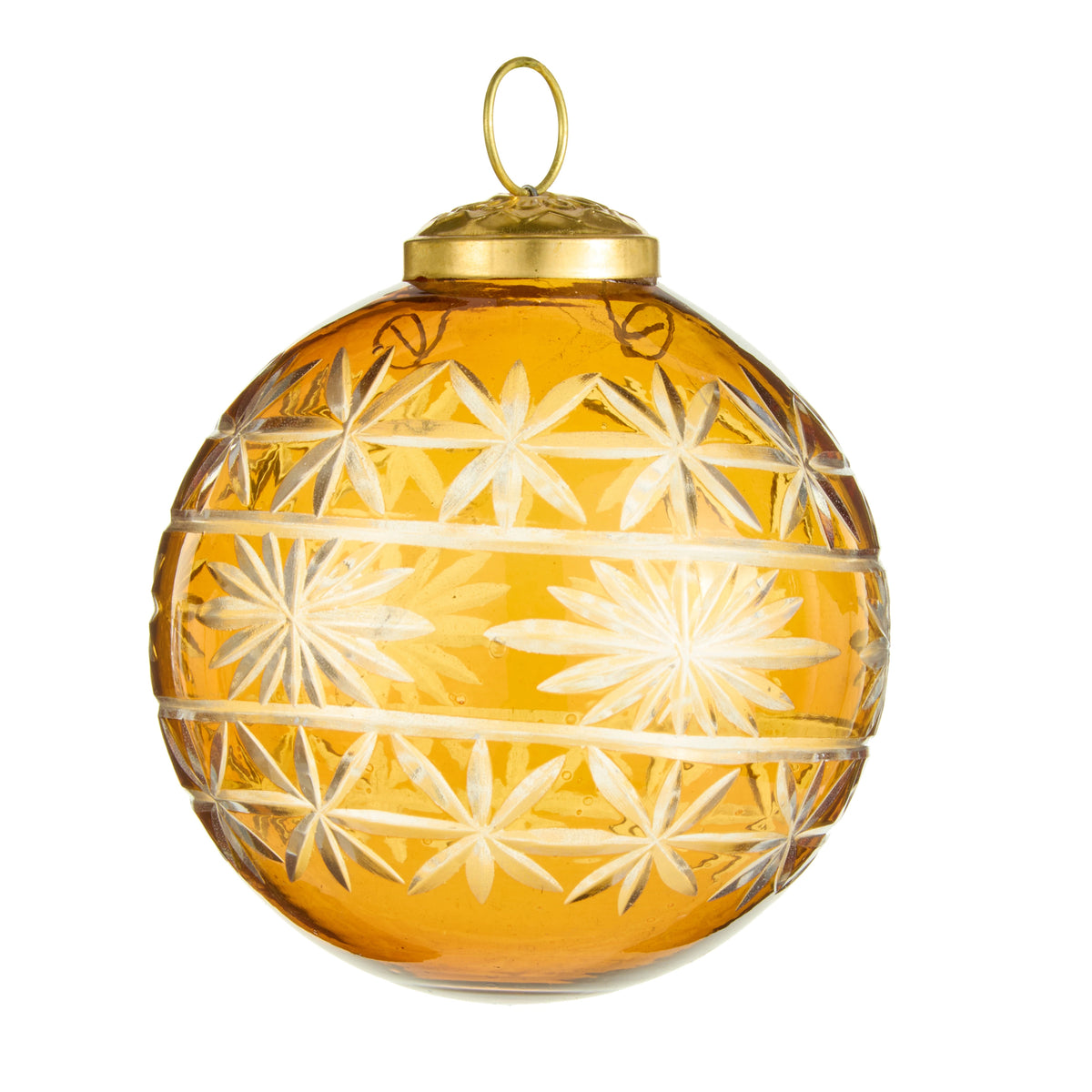 4-inch amber glass ball ornament with etched starburst patterns and a gold metal cap.