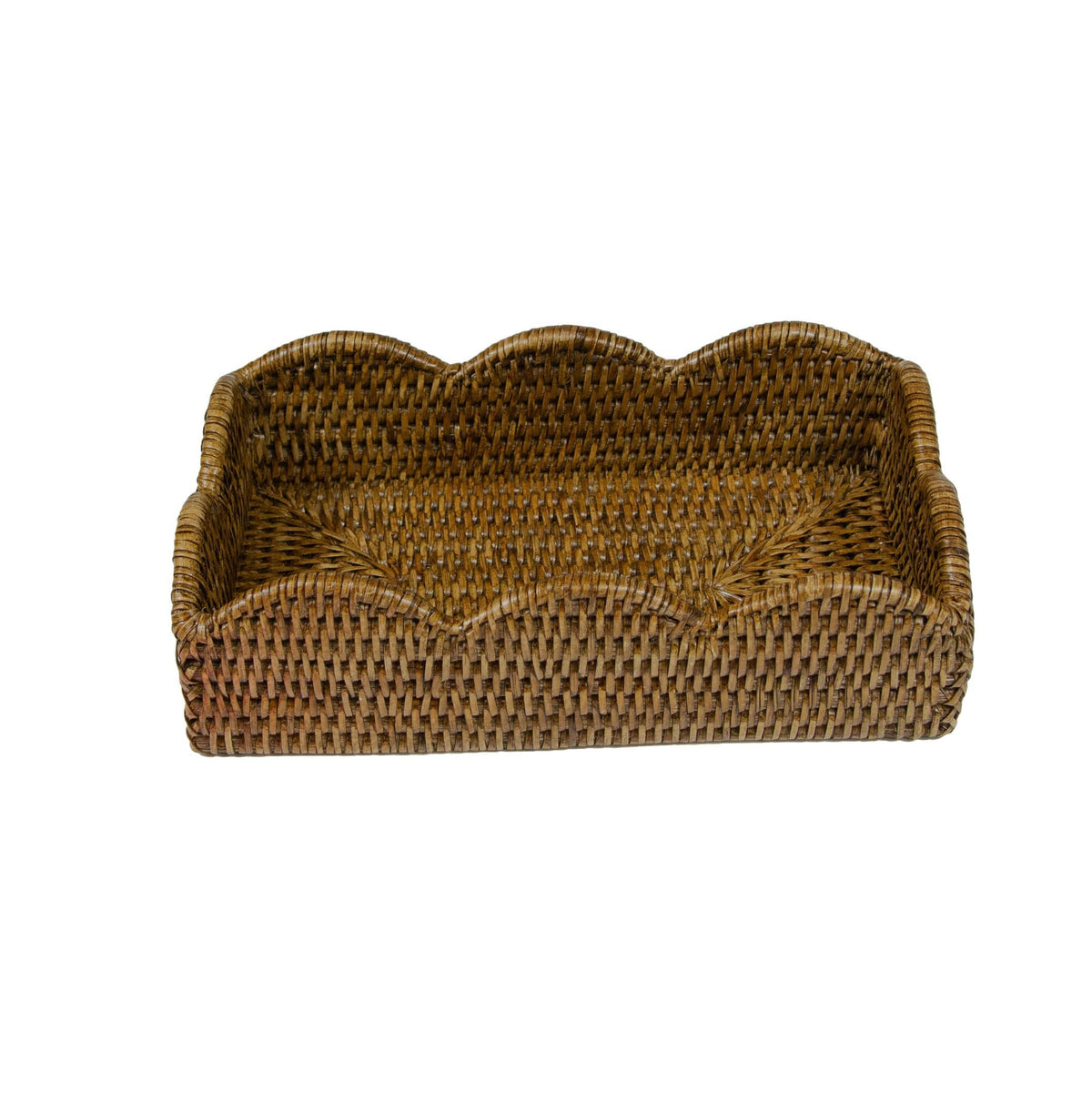 Natural rattan scalloped napkin holder with doubleweave construction.