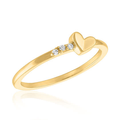 Tilted Heart Gold Layers Ring with three small round-cut diamonds on a thin gold band.