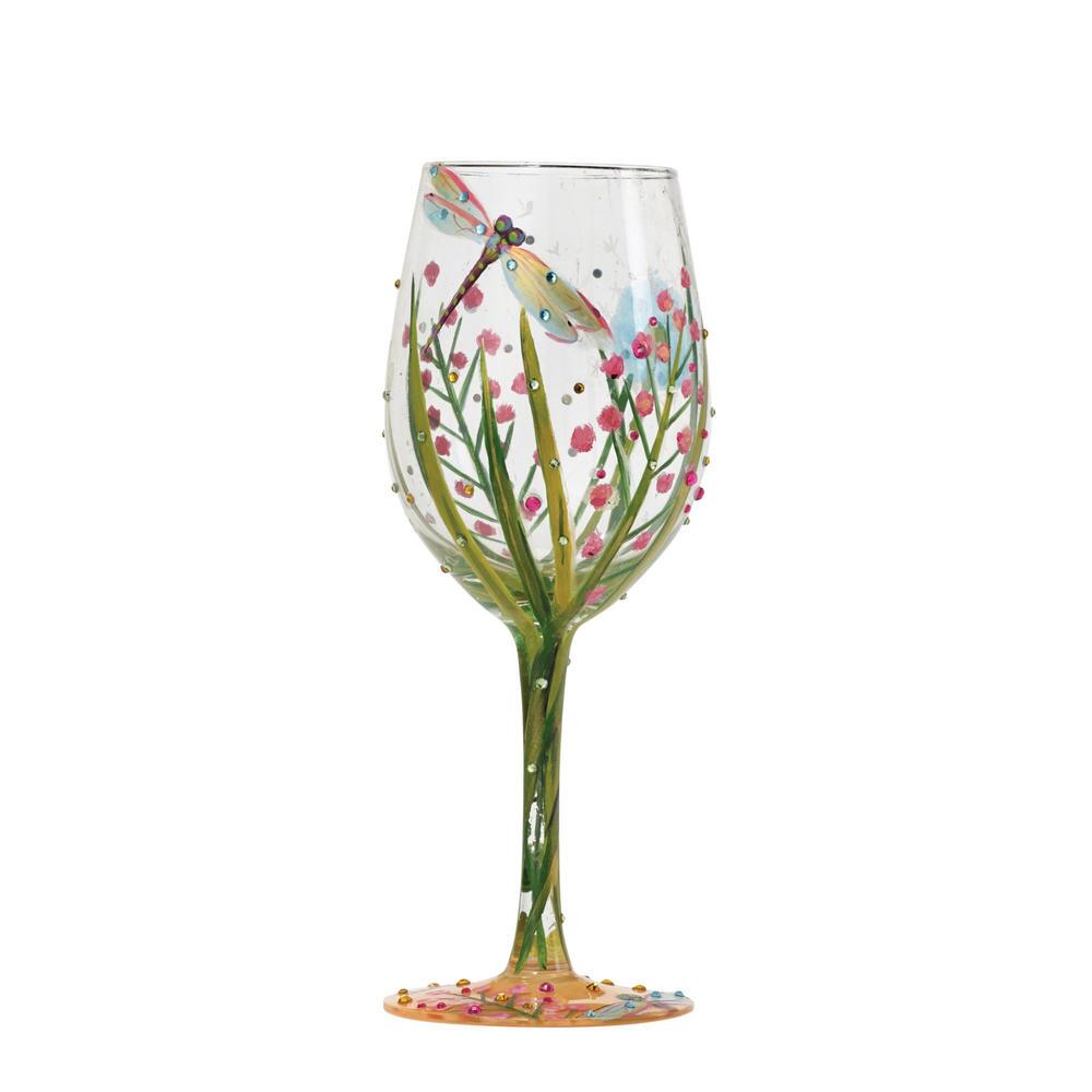 Blown glass wine glass with hand-painted designs, glitter accents, and a cocktail recipe printed on the base.
