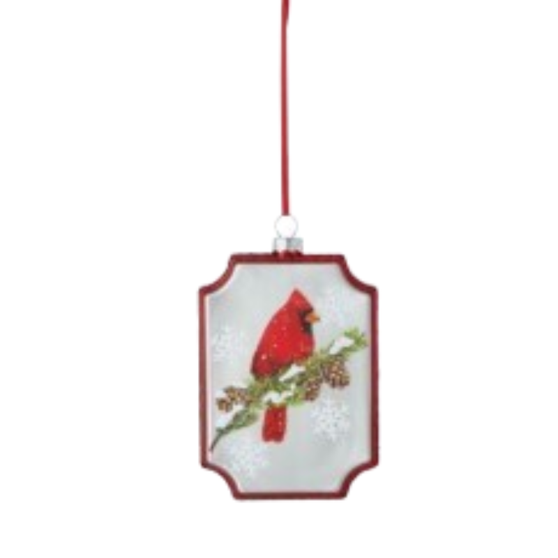 5-inch glass frame ornament featuring a red cardinal on a snowy pine branch with white snowflakes.
