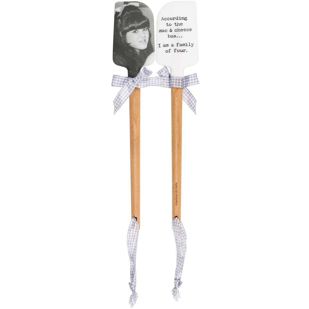 Wood-handled silicone spatula with a family-of-four shape in natural wood tones.