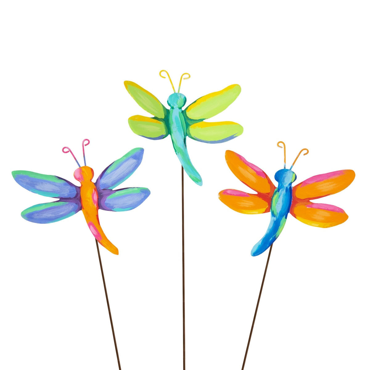 Artful Dragonflies metal garden stake featuring a colorful dragonfly silhouette on a slender post.