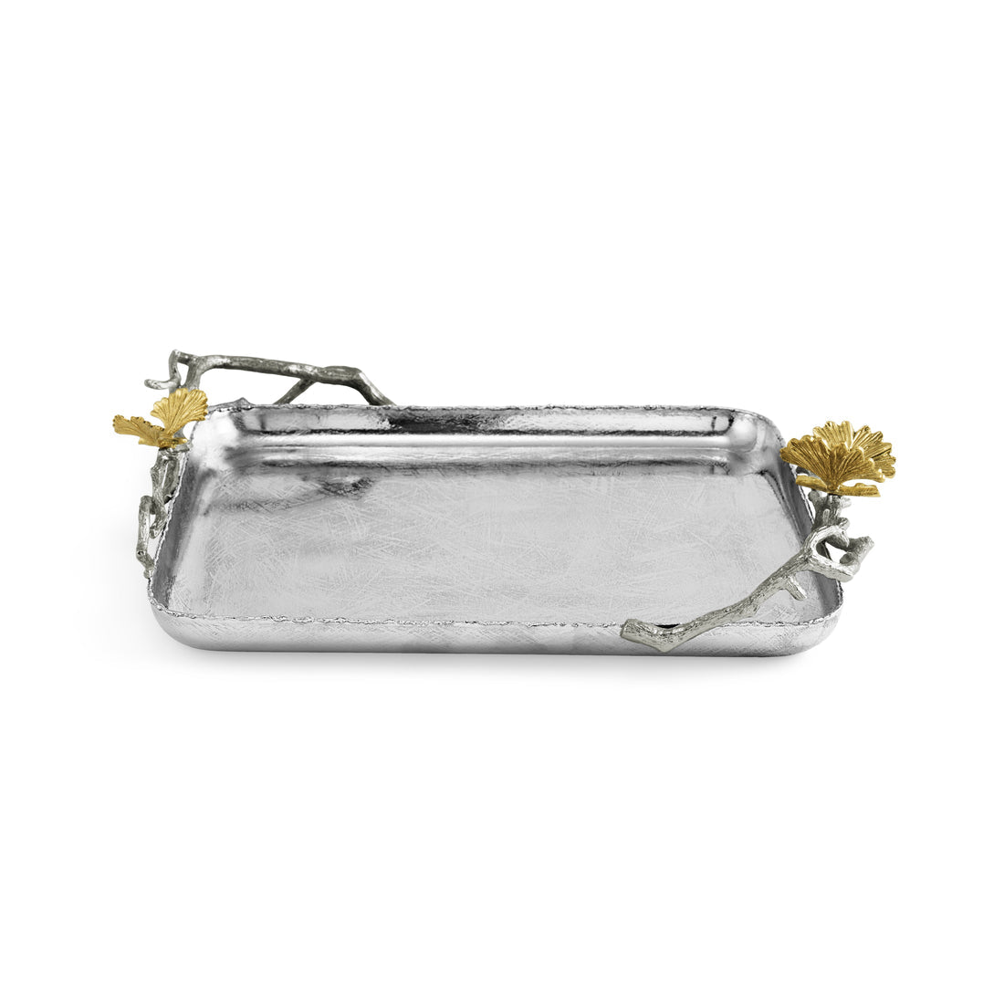 Silver textured Butterfly Ginkgo Luxe Matzah Plate with gold ginkgo leaf and branch handles.