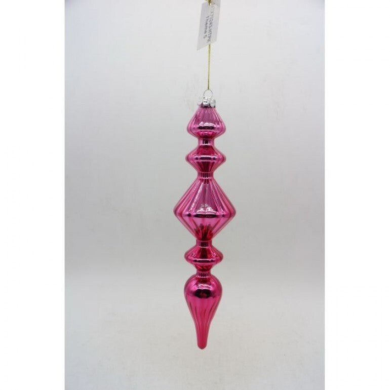 Shiny glass finial ornament with a reflective surface.