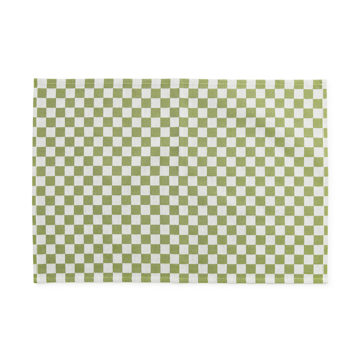 Green and white checkered cotton placemat with a stitched border.