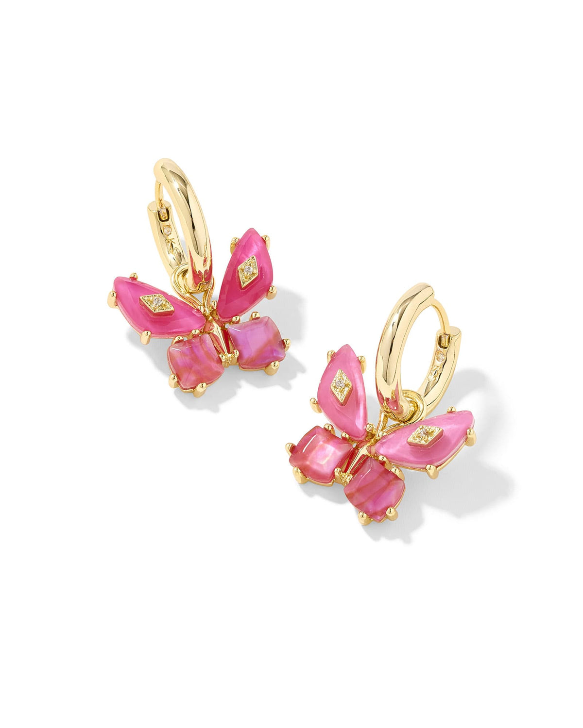 Bianca Butterfly Huggie Earrings featuring pink stones and gold-tone butterfly charms.