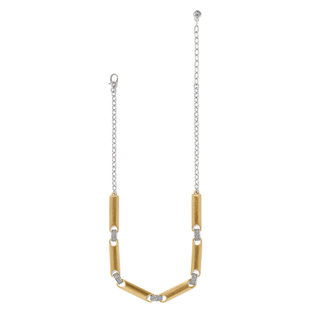 Meridian Geo Collar Necklace with two-tone gold and silver links and crystal accents.