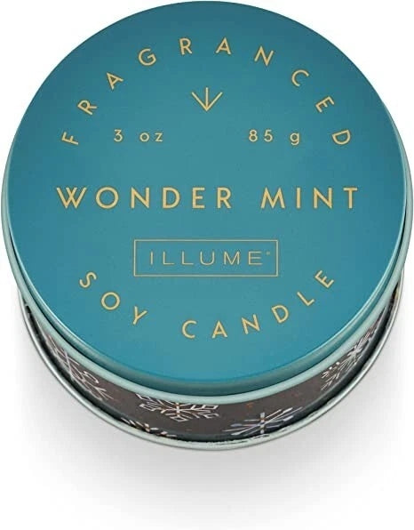 3 oz tin Fa La La candle in Wonderful Winter fragrance with a silver lid.