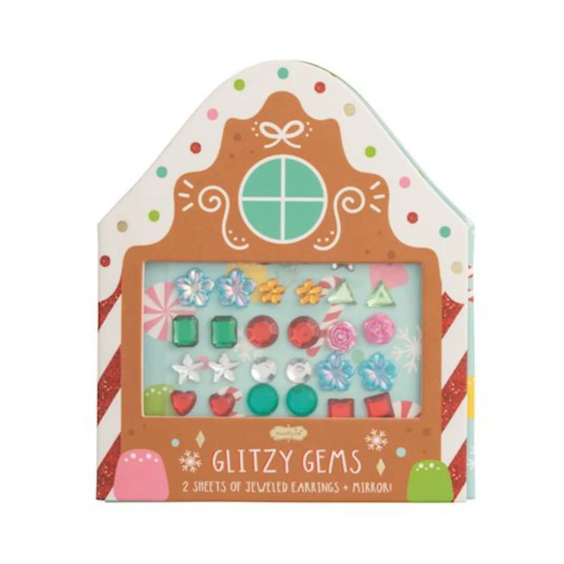 Christmas Glitzy Gems sticker earrings in a gingerbread house-shaped tri-fold card with mirror.