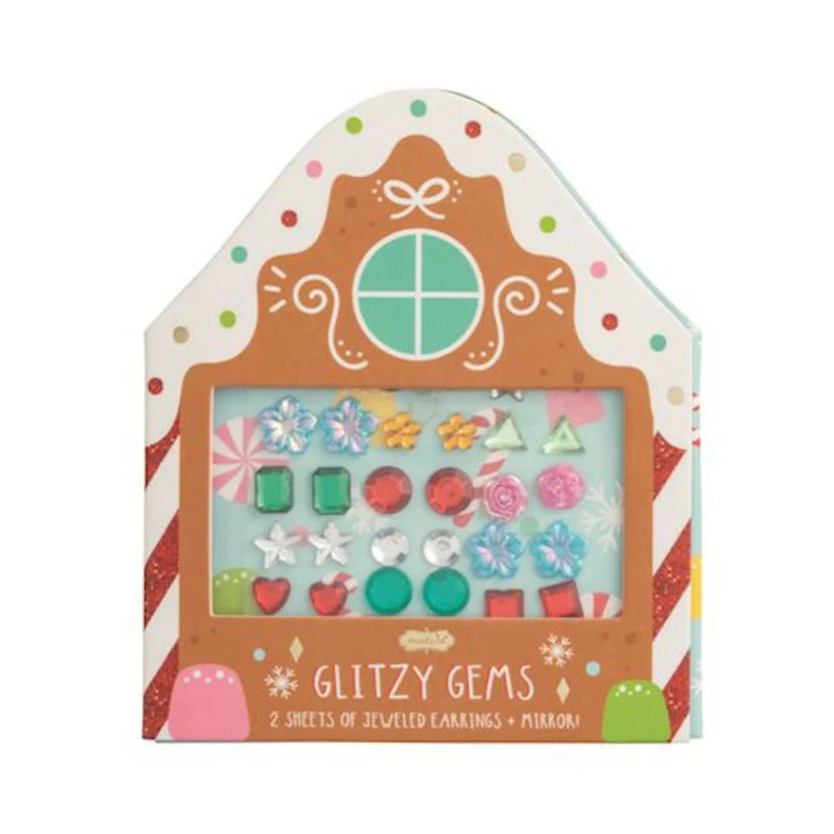 Christmas Glitzy Gems sticker earrings in a gingerbread house-shaped tri-fold card with mirror.