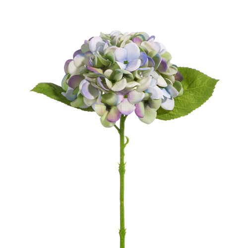 Artificial hydrangea stem with green leaves and purple blooms made of polyester foam.