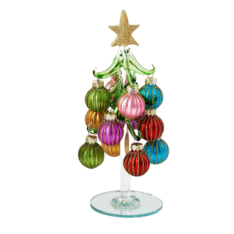 Handmade 7.5-inch glass Christmas tree with colorful striped ornaments and a gold glitter star.