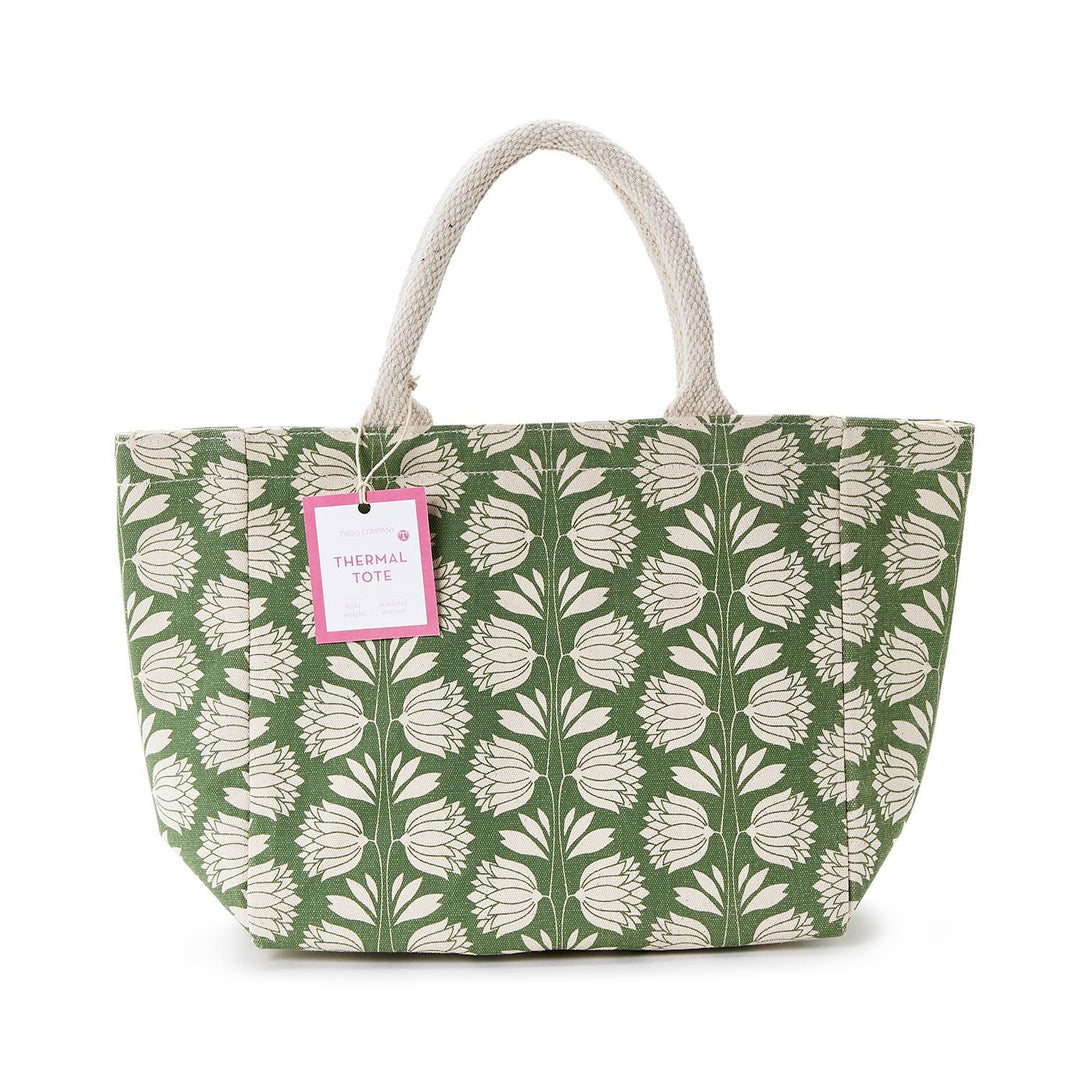 Cotton lunch tote bag with palm deco print featuring a Velcro closure.