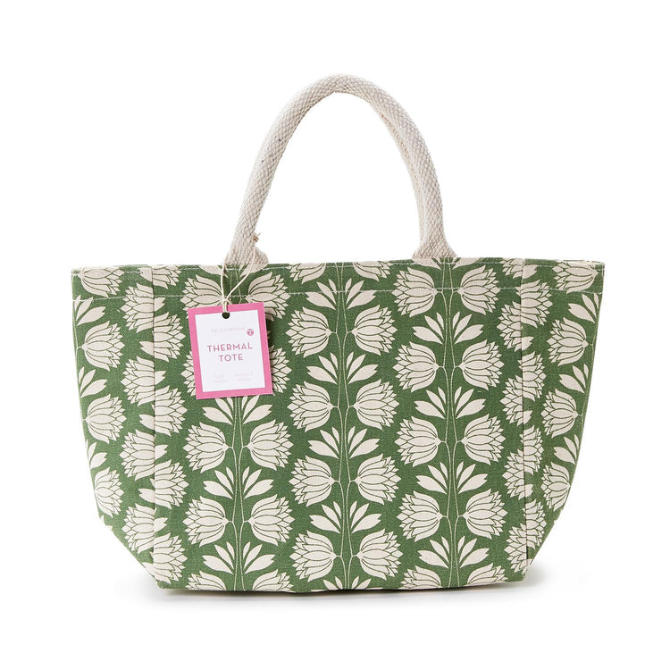 Cotton lunch tote bag with palm deco print featuring a Velcro closure.