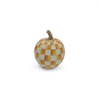 Small amber resin pumpkin with a checkered pattern, standing eight inches tall.
