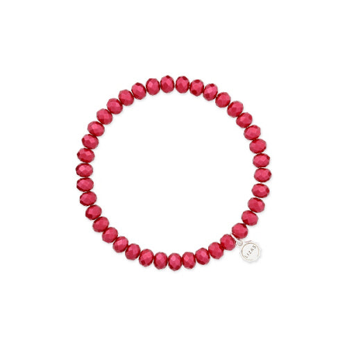 Stretchy beaded bracelet with faceted glass beads in a colorful pattern.