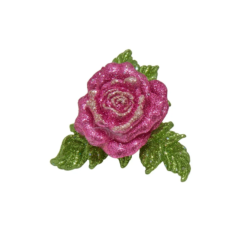 Pink glitter rose clip-on ornament with green glitter leaves.