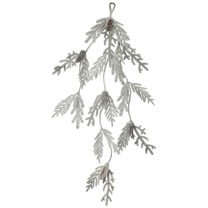 Frosted pine branch garland with natural cones in snowy white