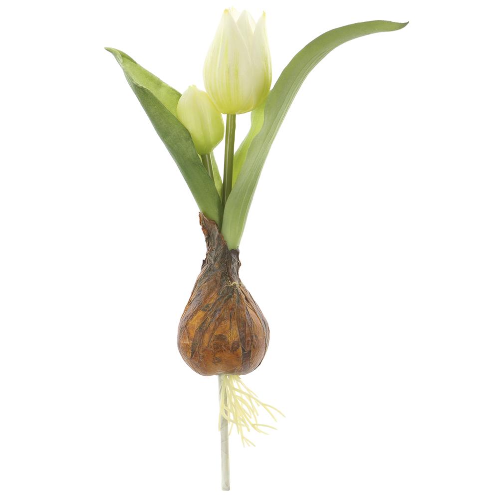 Plastic tulip spray with bulb featuring a wire core structure in an eight-inch silhouette.