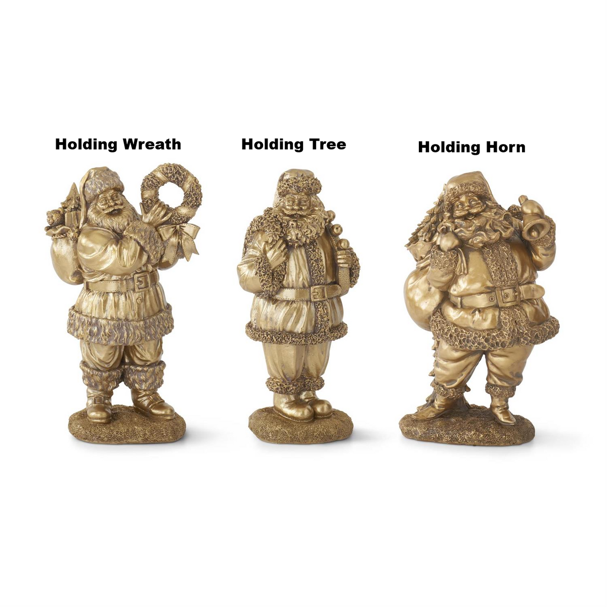 Three antique gold resin Santa figurines holding a wreath, a tree, and a horn.